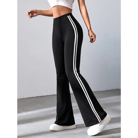 90s Striped Tape Flare Leg Pants black white - Picture 1 of 9